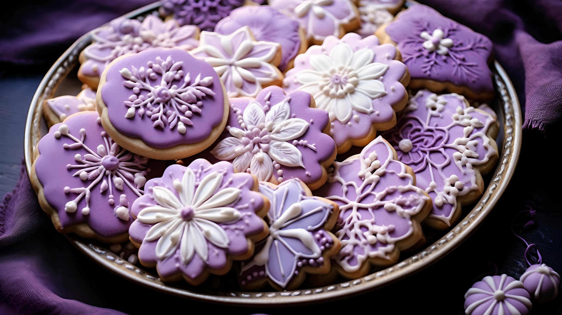 A beautiful assortment of intricately decorated sugar cookies in shades of purple and white, arranged on a decorative plate, set against a rich, dark background.