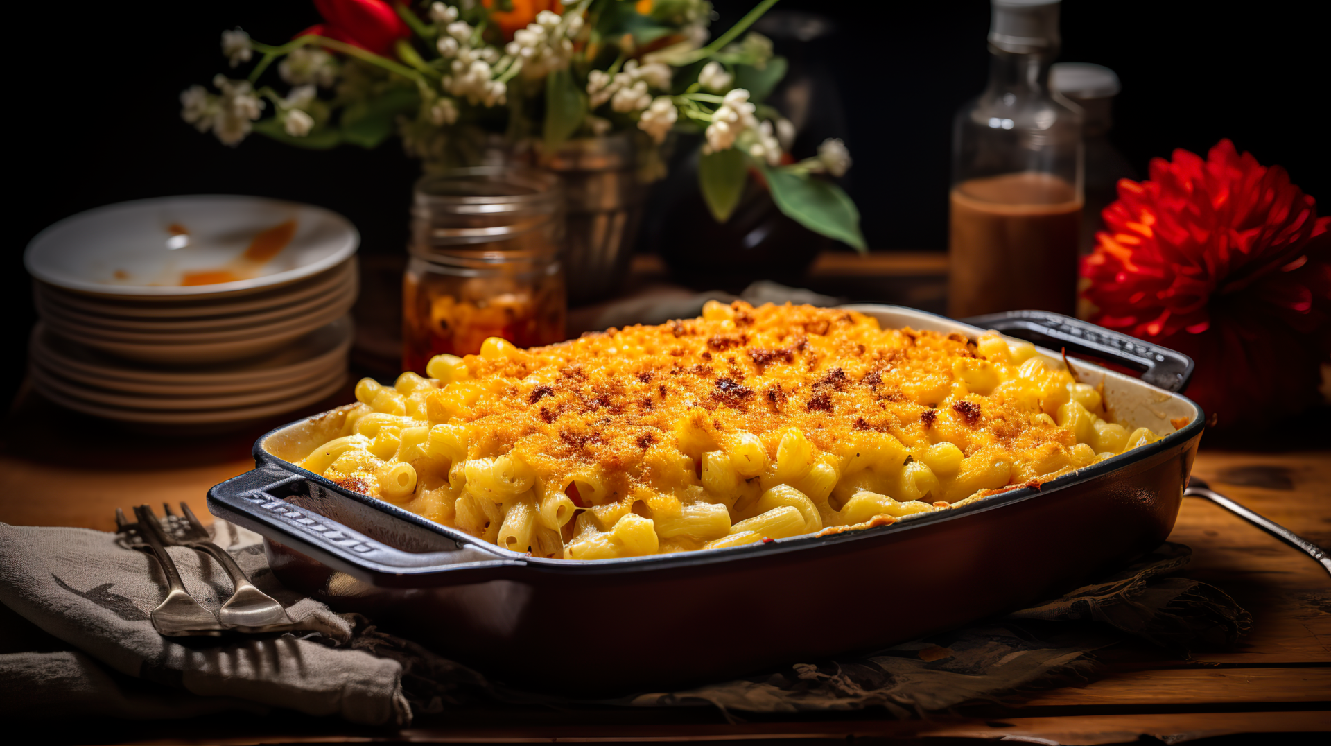 HD desktop wallpaper featuring a delicious serving of mac and cheese in a ceramic dish, set against a dark rustic background with floral decor.