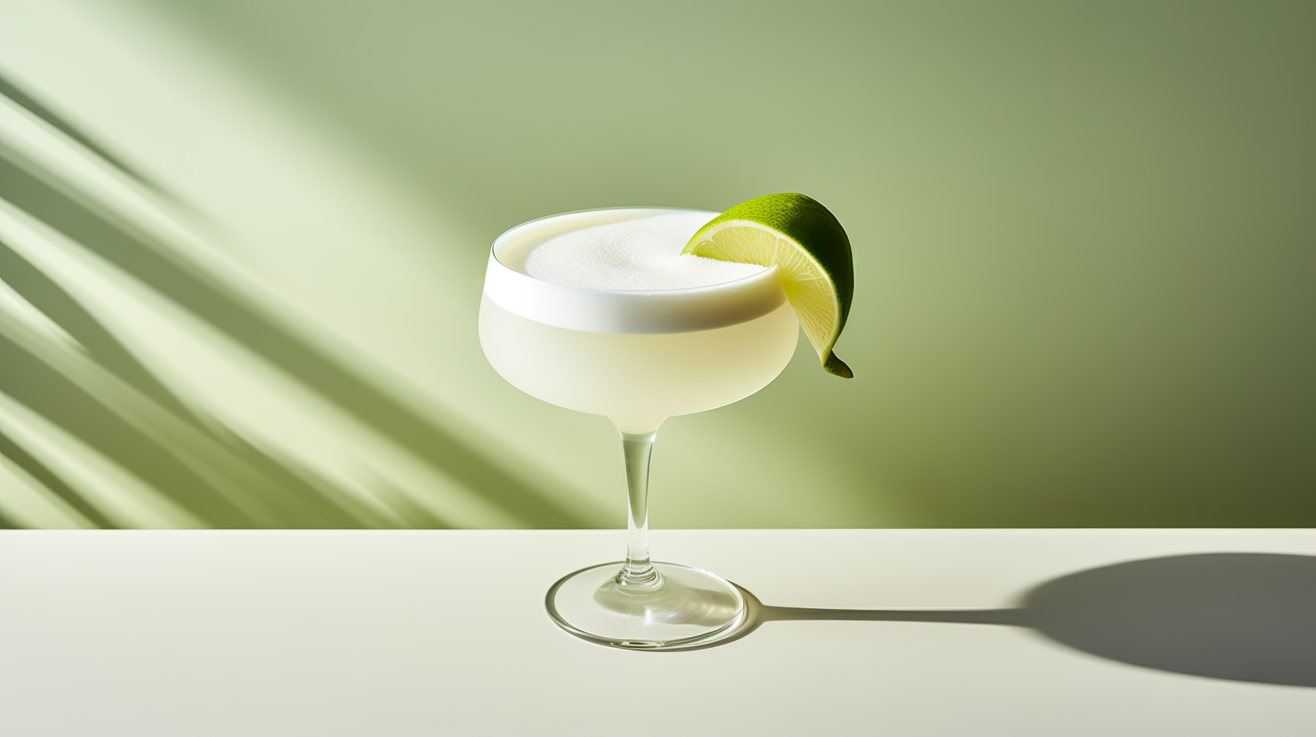 HD wallpaper featuring a frothy Daiquiri cocktail with a lime slice, elegantly presented on a sunlit surface with shadow play.