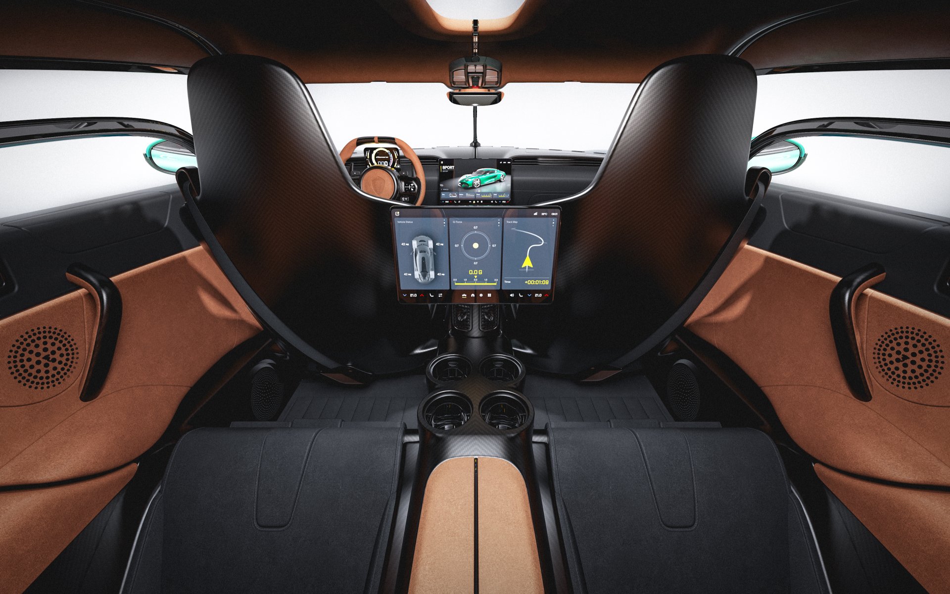 HD wallpaper of the interior of a Koenigsegg Gemera, featuring a sleek dashboard, digital displays, and luxurious leather seating.