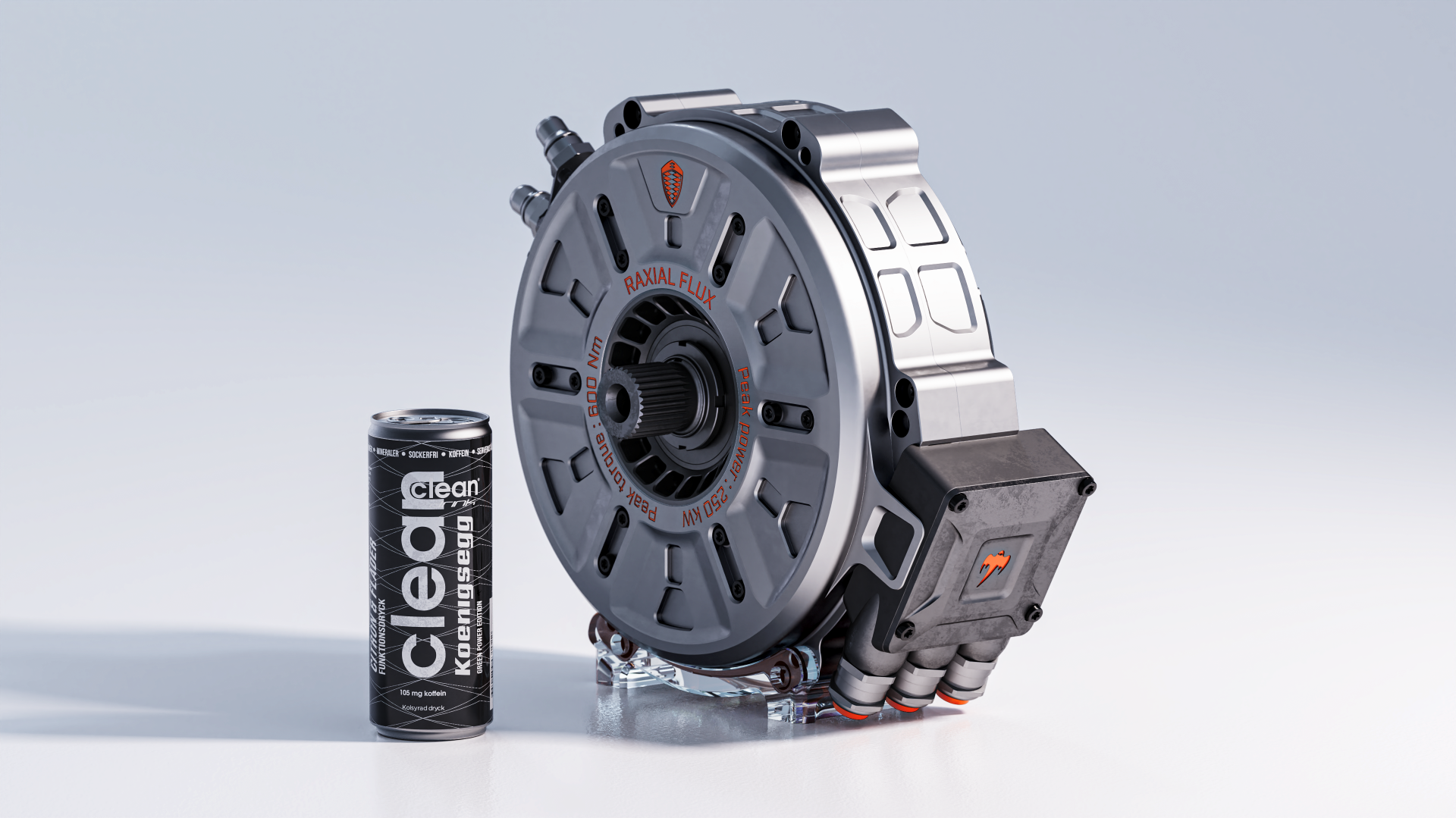 HD wallpaper of a Koenigsegg vehicle brake assembly next to a can of clear liquid, presented on a sleek, light background.
