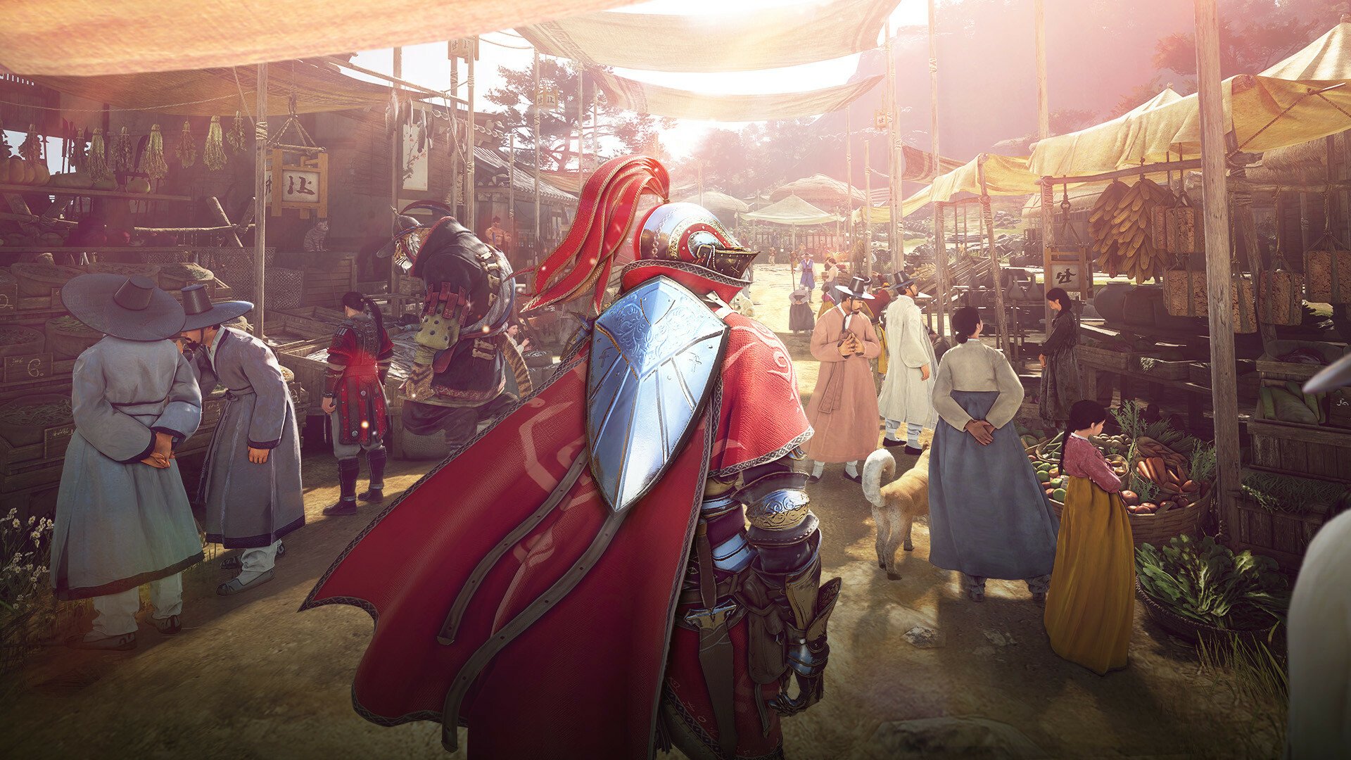 HD desktop wallpaper of a Black Desert Online game scene featuring a character in vibrant armor exploring a bustling market with diverse NPCs.