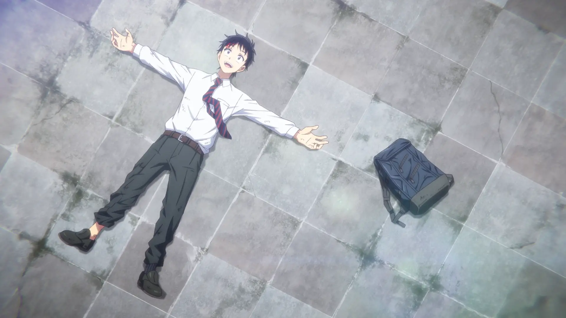 HD wallpaper featuring Akira Tendo from Zom 100: Bucket List of the Dead, lying on ground with arms spread and a backpack beside him.