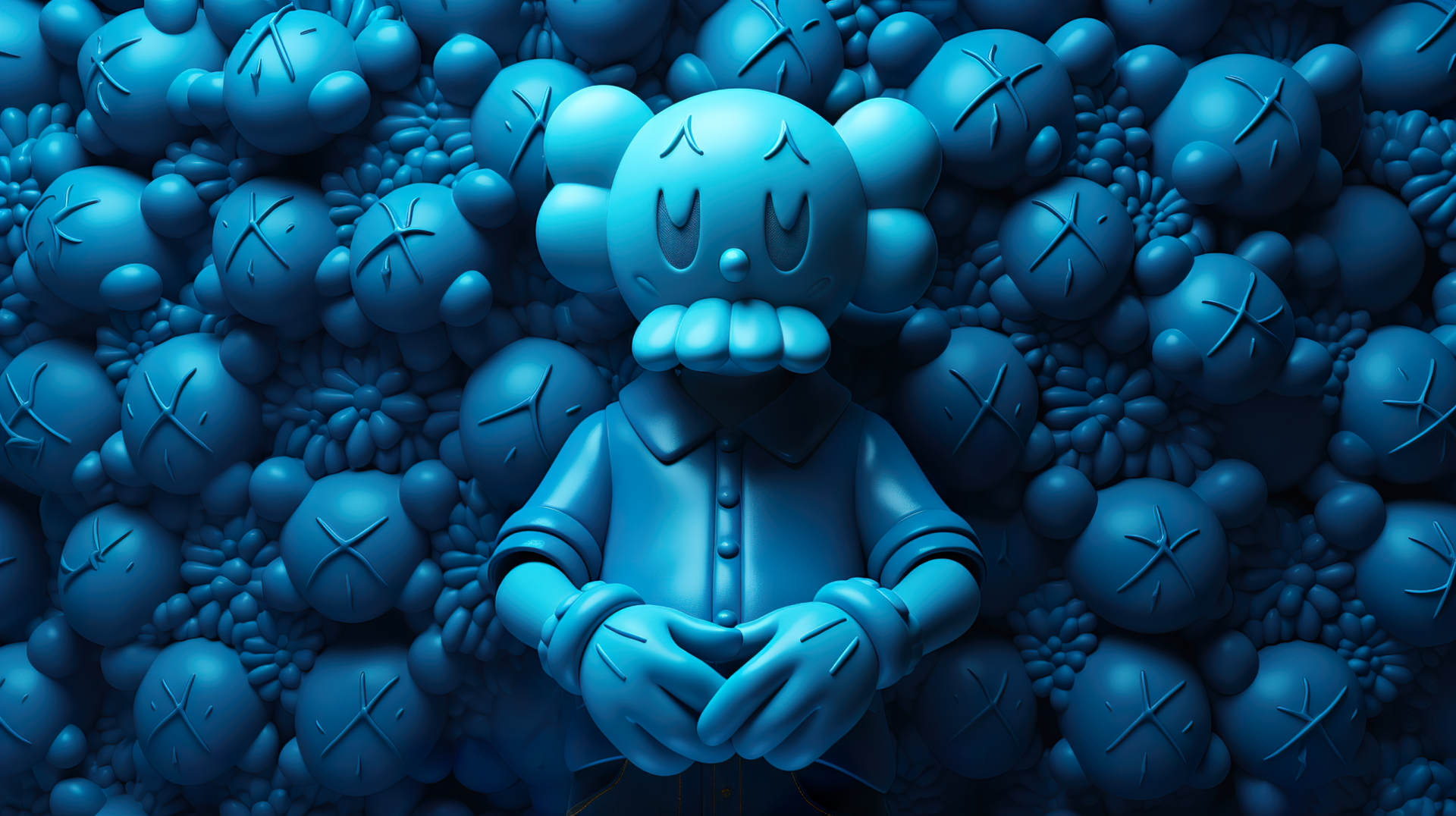 HD desktop wallpaper featuring a blue artistic rendition of a KAWS character surrounded by similar figures in varying sizes.
