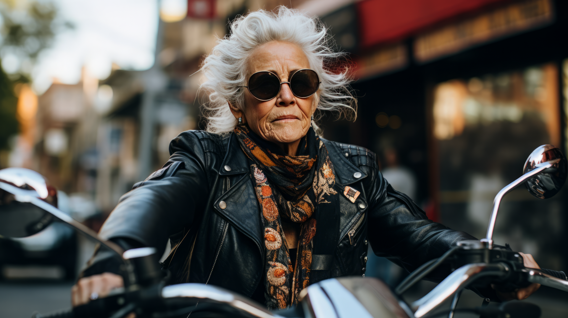 A striking AI art desktop wallpaper featuring a confident grandmother on a motorcycle, exuding strength and style with her flowing hair and stylish sunglasses in an urban setting.