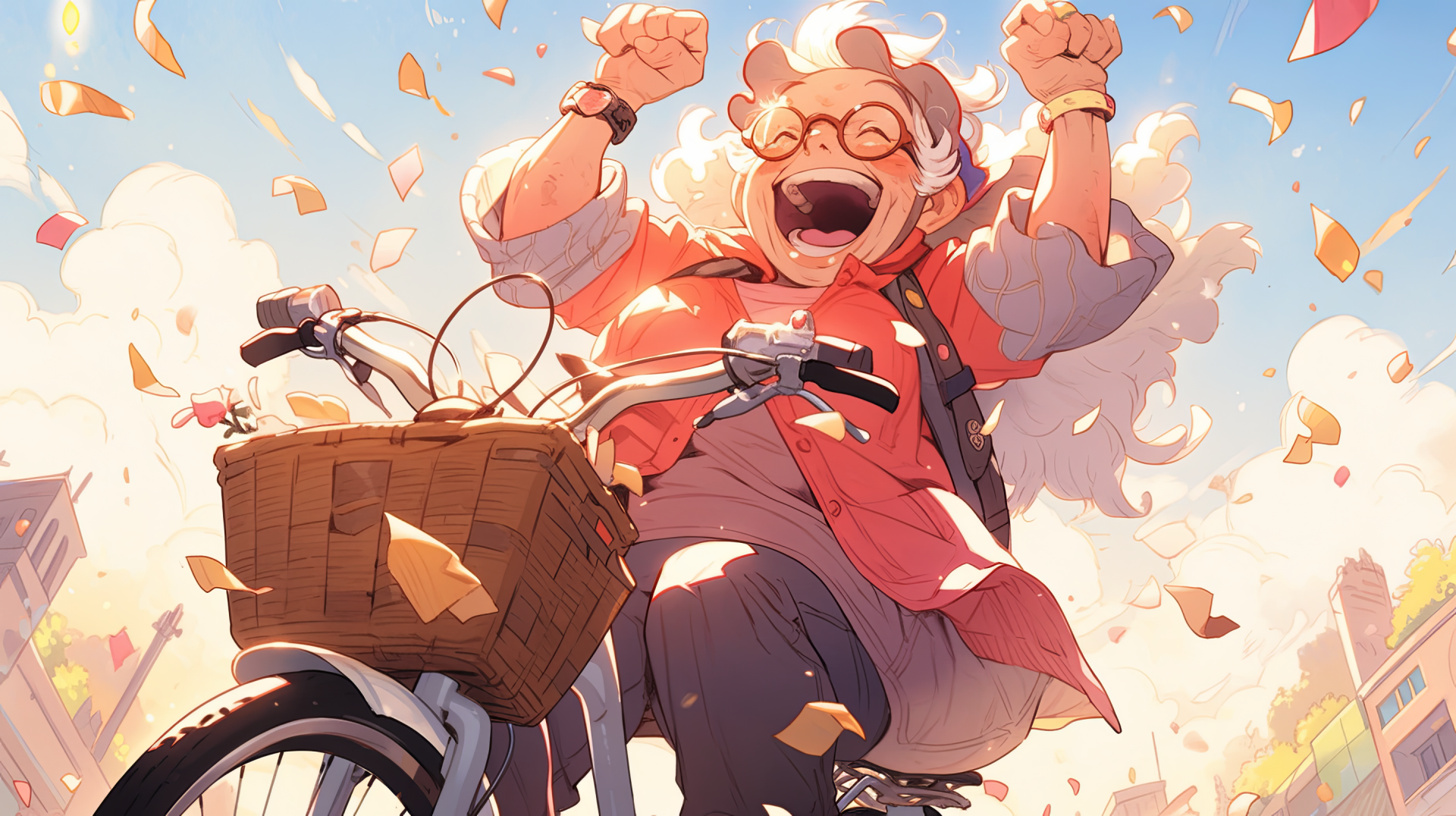 A joyful grandmother rides her bicycle with raised arms, surrounded by colorful leaves, against a bright sky. This vibrant artwork serves as an inspiring HD desktop wallpaper.