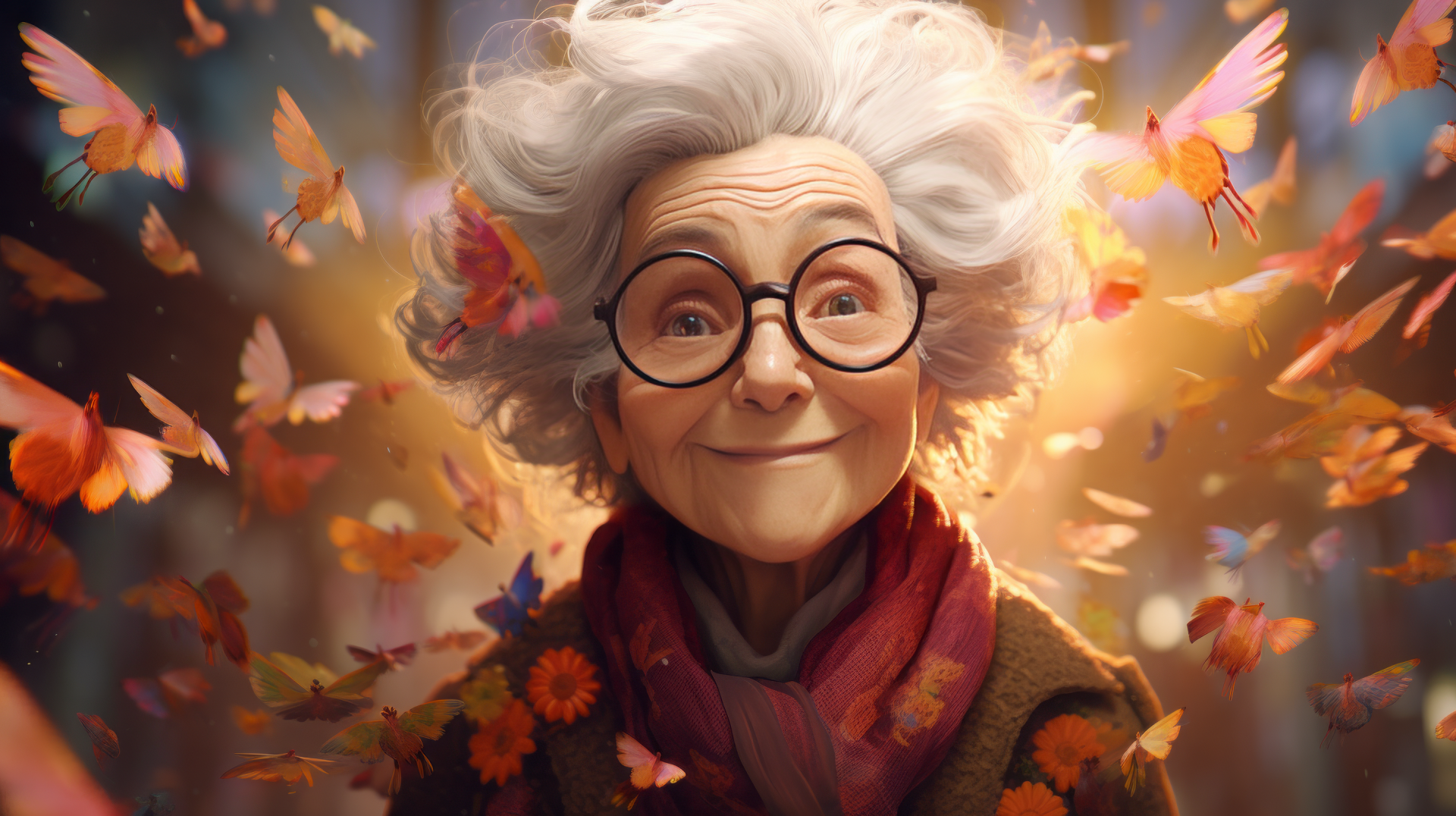 A joyful grandmother with gray hair and glasses smiles warmly, surrounded by colorful butterflies and flowers, creating a vibrant and enchanting HD desktop wallpaper.