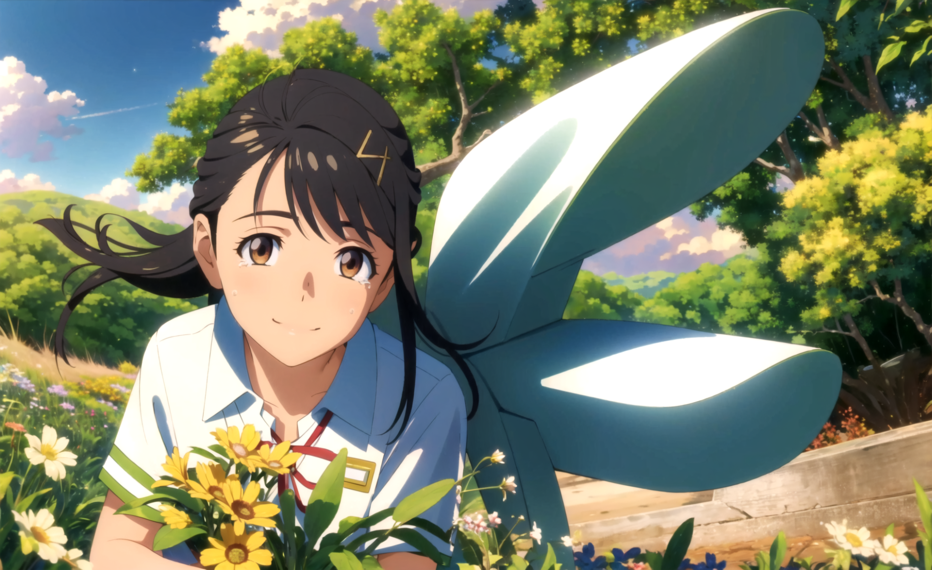 HD anime desktop wallpaper featuring Suzume Iwato from Suzume no Tojimari, holding a bouquet of flowers with a serene outdoor background.