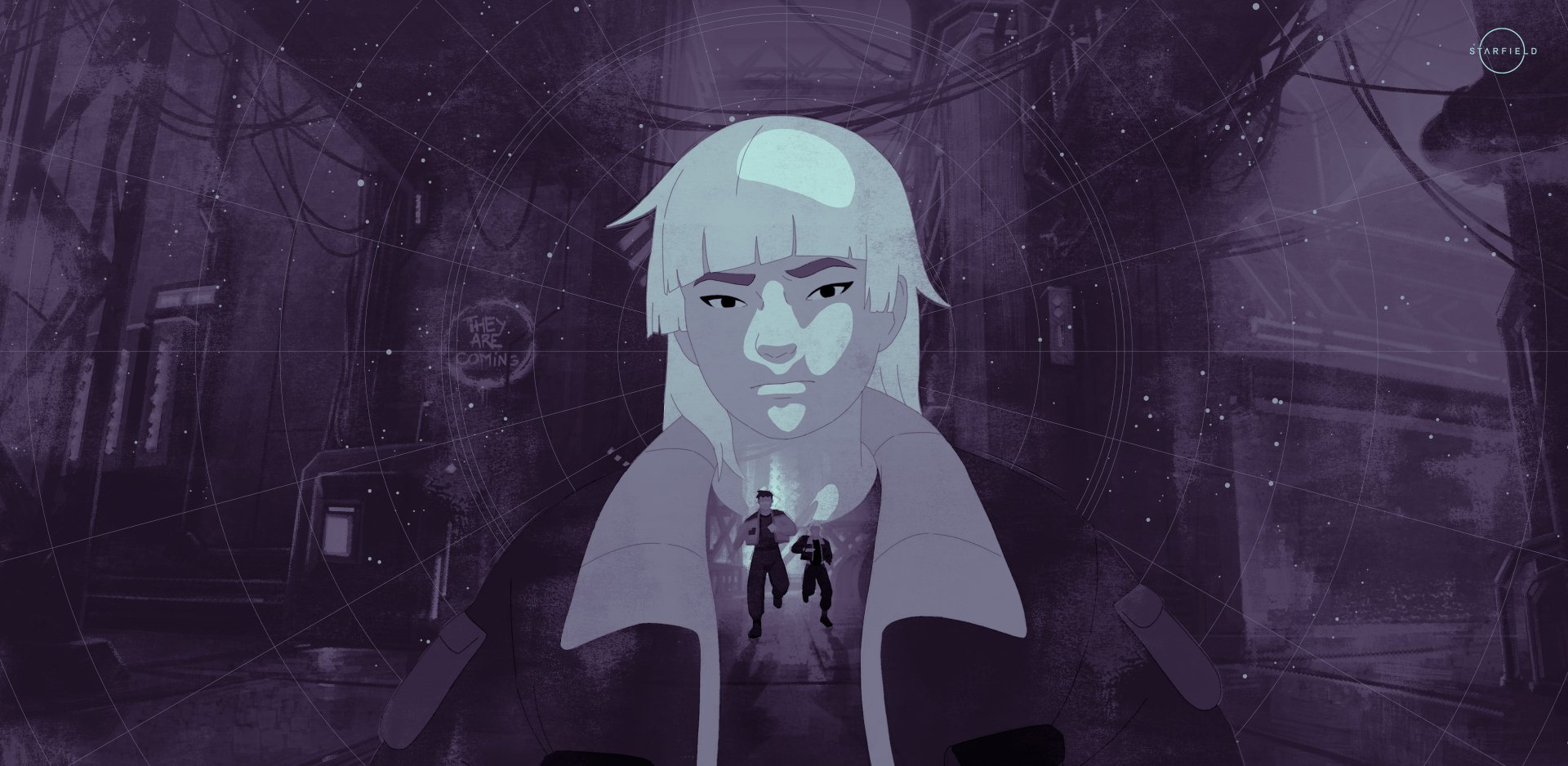 HD desktop wallpaper from the video game Starfield, featuring an artistic representation of a character with a futuristic background in violet tones.