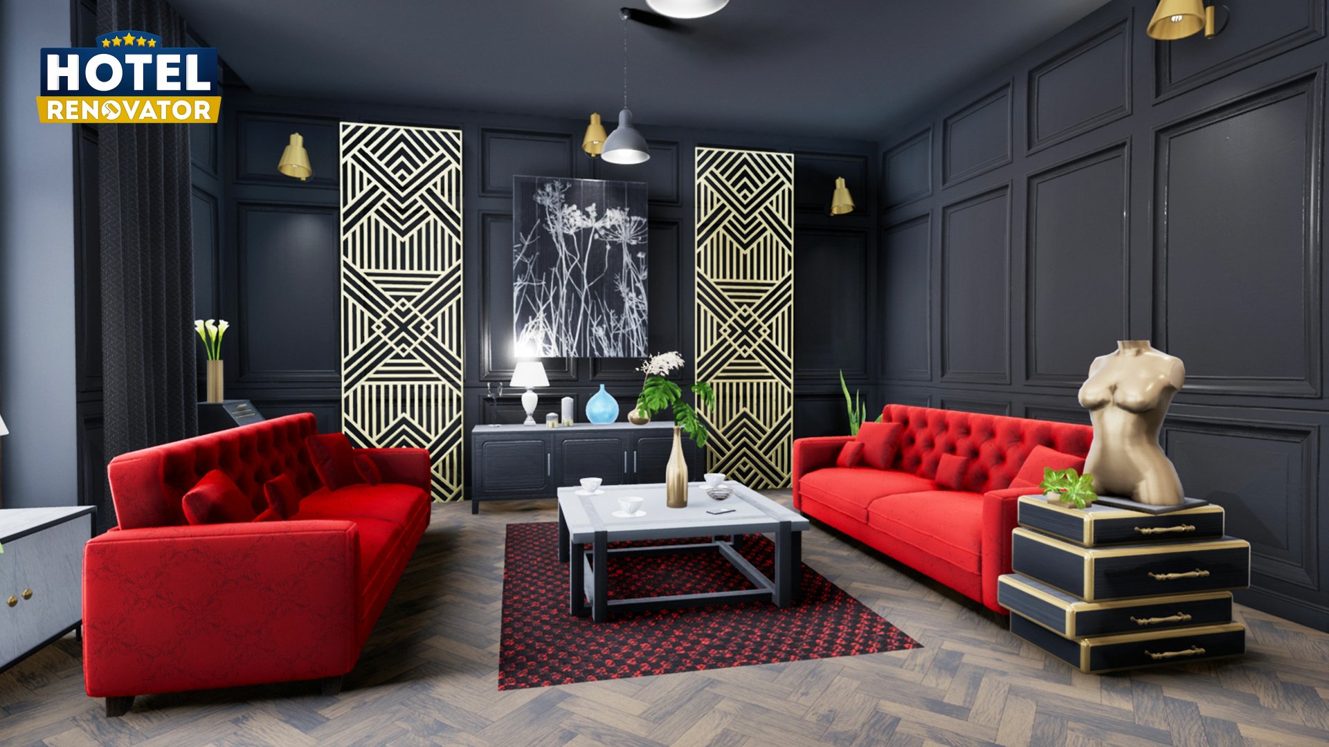 HD desktop wallpaper from Hotel Renovator video game showcasing a stylish hotel lounge with red sofas, sleek decor, and a prominent game logo.