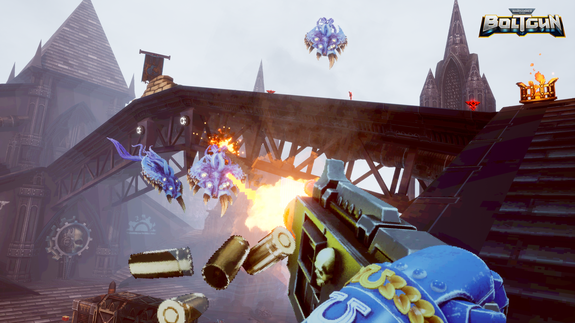 HD desktop wallpaper from Warhammer 40,000: Boltgun, featuring a first-person view of a boltgun firing at flying enemies in a gothic setting.
