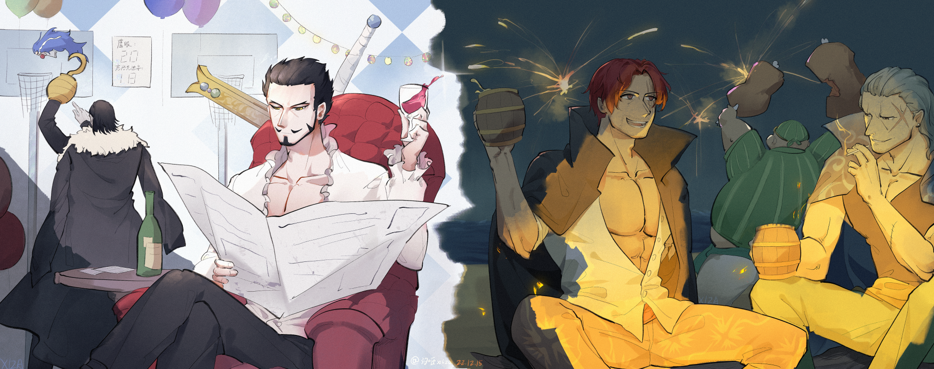 2K Quad HD PC desktop wallpaper/background of One Piece anime: Dracule Mihawk reading a paper on the left, Shanks grinning with a drink and fireworks on the right.