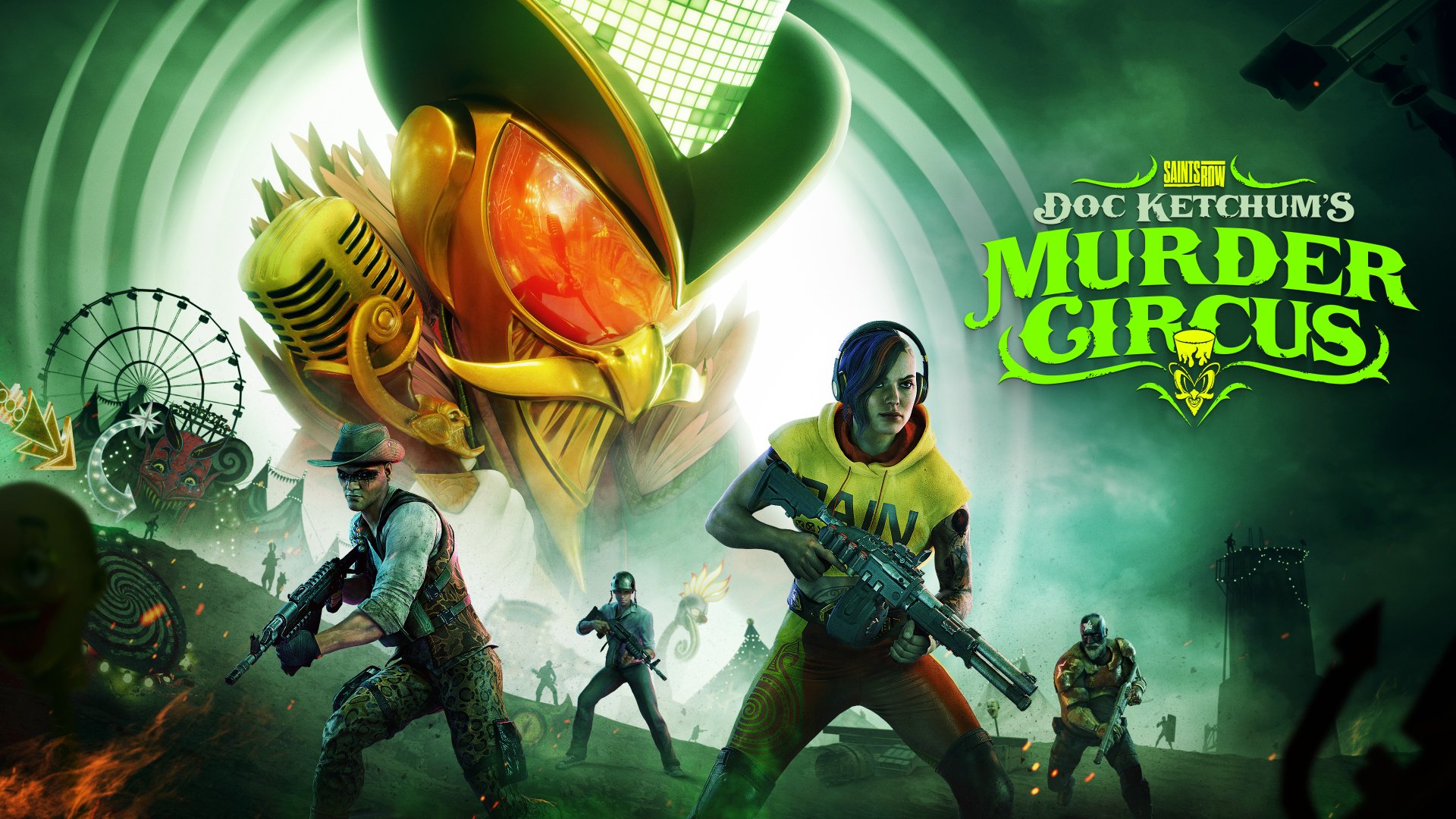HD desktop wallpaper featuring characters from Saints Row (2022) in an action-packed scene, titled Doc Ketchum’s Murder Circus.