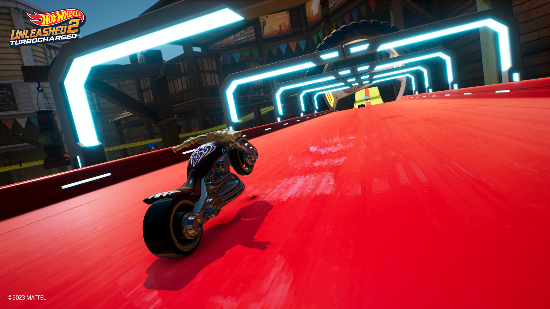 HD desktop wallpaper from Hot Wheels Unleashed 2: Turbocharged featuring a motorcycle racing on a vibrant red track with futuristic blue neon lights.