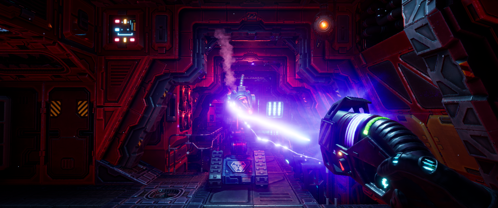 HD desktop wallpaper from the video game System Shock (2023), featuring a futuristic corridor with vibrant purple lights and a glowing weapon firing.