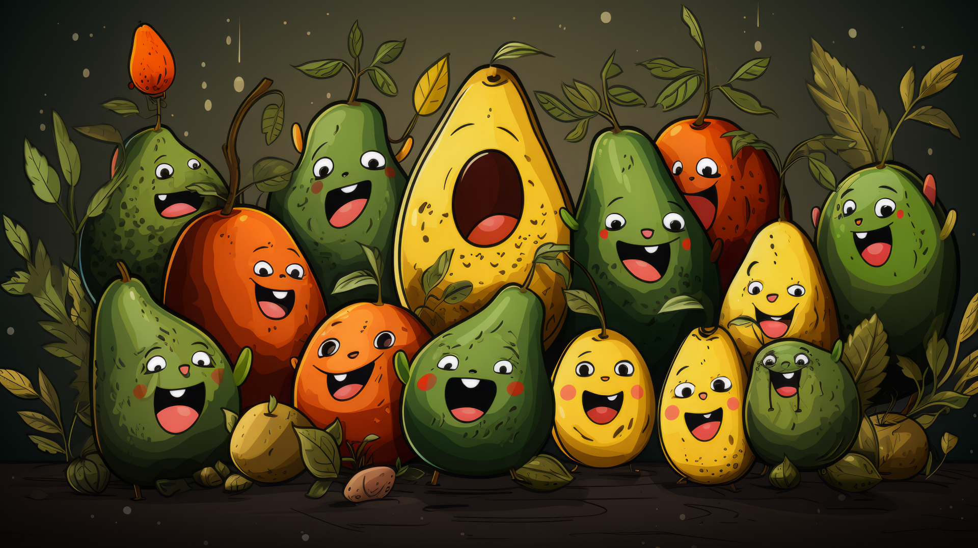 A vibrant HD wallpaper featuring playful, cartoon-style avocados and other fruits, bringing a cheerful and artistic touch to any desktop background.