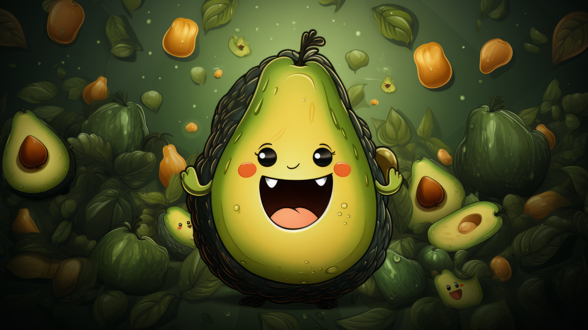 HD desktop wallpaper of a cheerful cartoon avocado surrounded by more avocados and slices, created with AI Art.