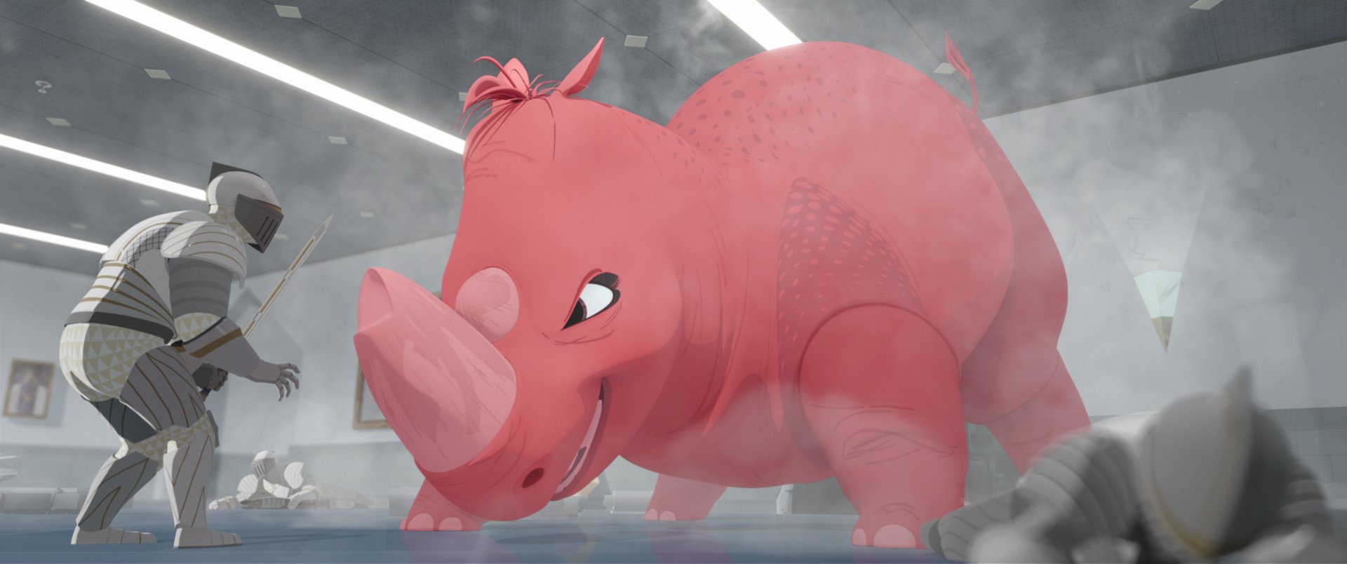 HD desktop wallpaper from the movie Nimona featuring a large, pink rhinoceros-like creature in a dynamic action scene.