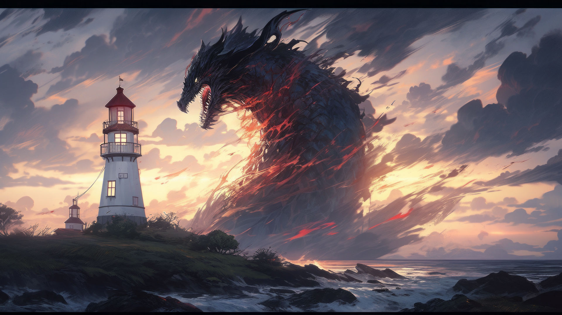 HD desktop wallpaper featuring an artistic rendition of a mythical creature looming over a lighthouse at sunset, tagged as Creature, monster, lighthouse, AI Art.