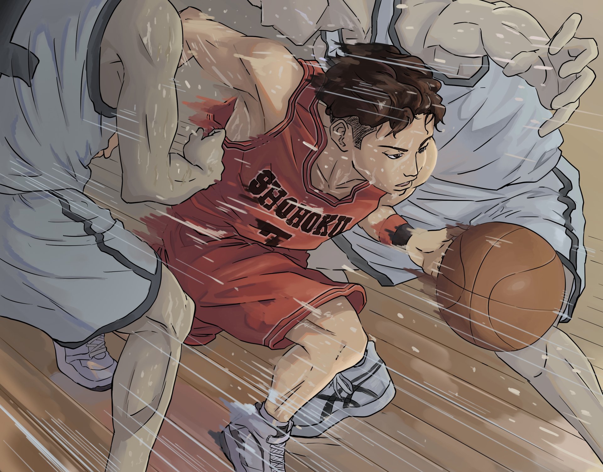 HD desktop wallpaper featuring Ryota Miyagi from THE FIRST SLAM DUNK movie, intensely playing basketball in his Shohoku uniform.