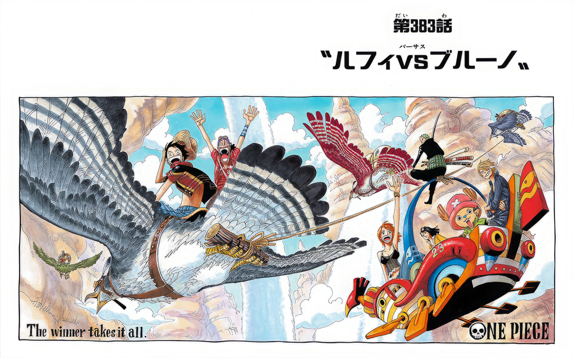 HD desktop wallpaper of One Piece featuring Monkey D. Luffy, Sanji, Nami, Usopp, Tony Tony Chopper, soaring with giant birds, with text The winner takes it all.