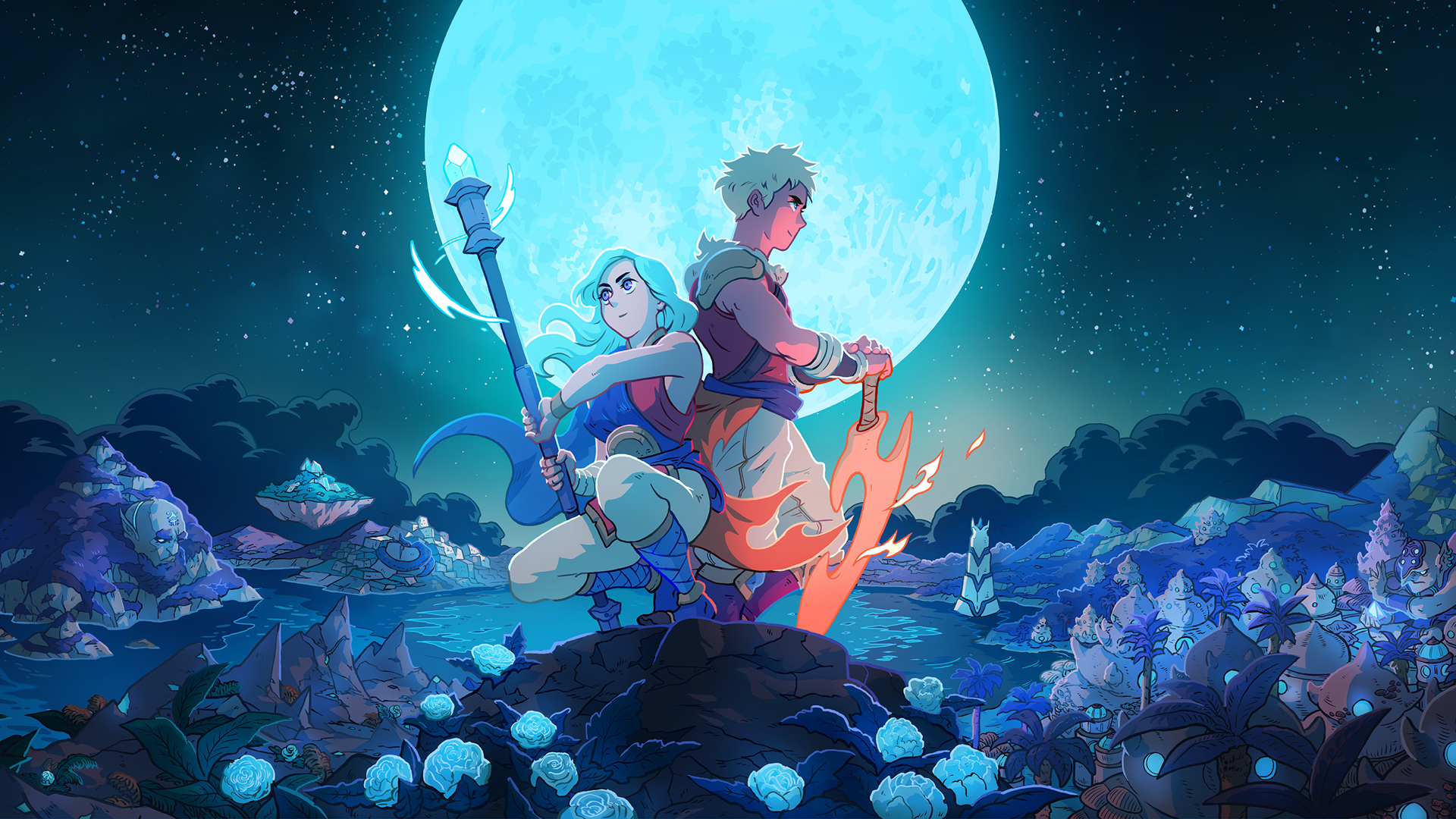A stunning HD wallpaper from the video game Sea of Stars, featuring two characters poised heroically against a luminous moonlit background filled with vibrant flora.