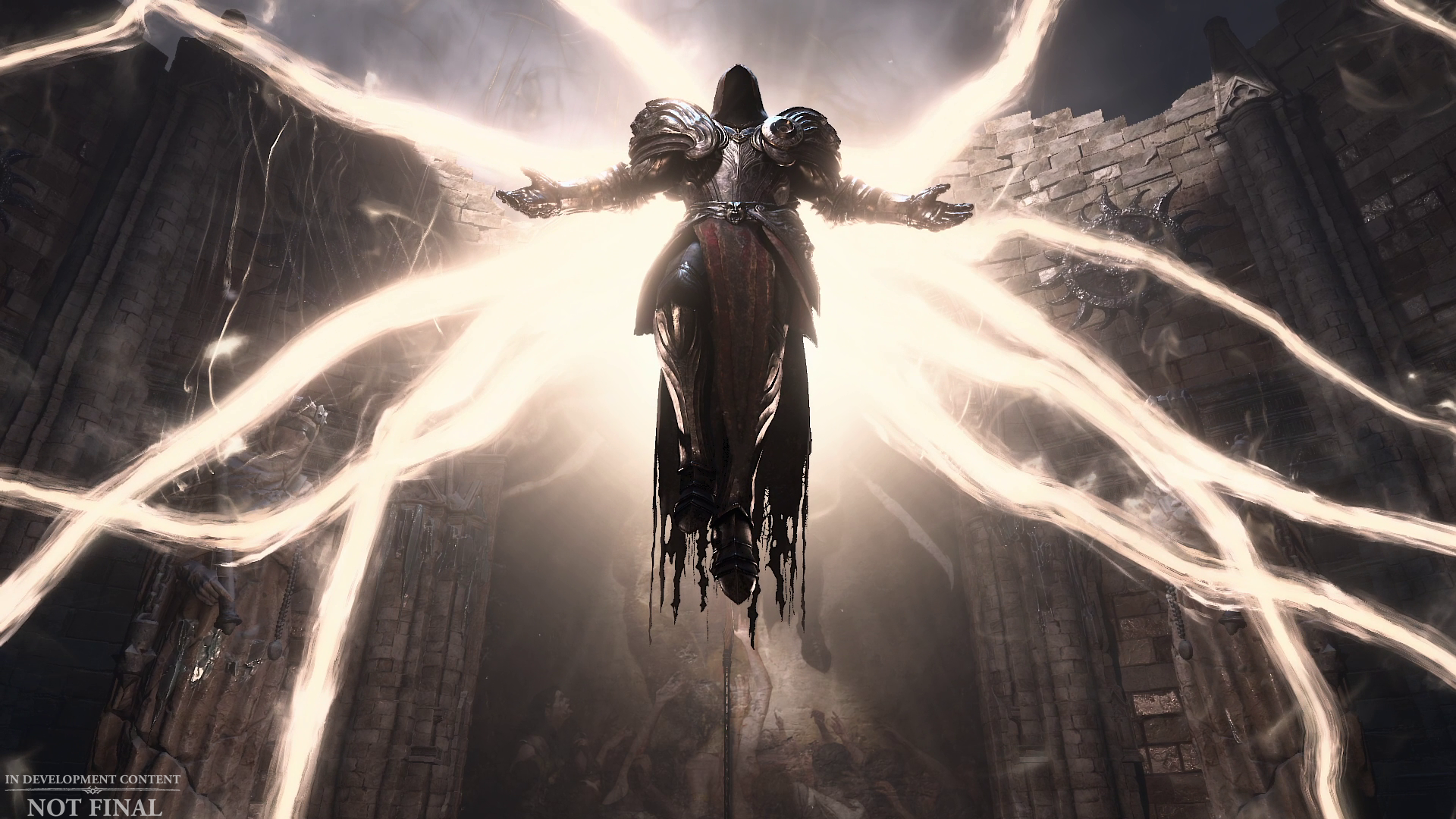 HD desktop wallpaper featuring a powerful figure with glowing wings ascending among ruins in the game Diablo IV.