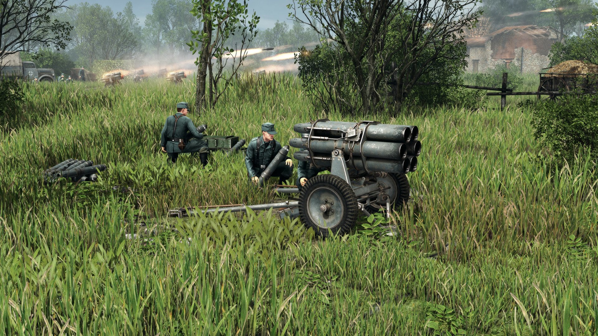 HD wallpaper featuring Men of War II gameplay with soldiers and artillery in a grassy battlefield.