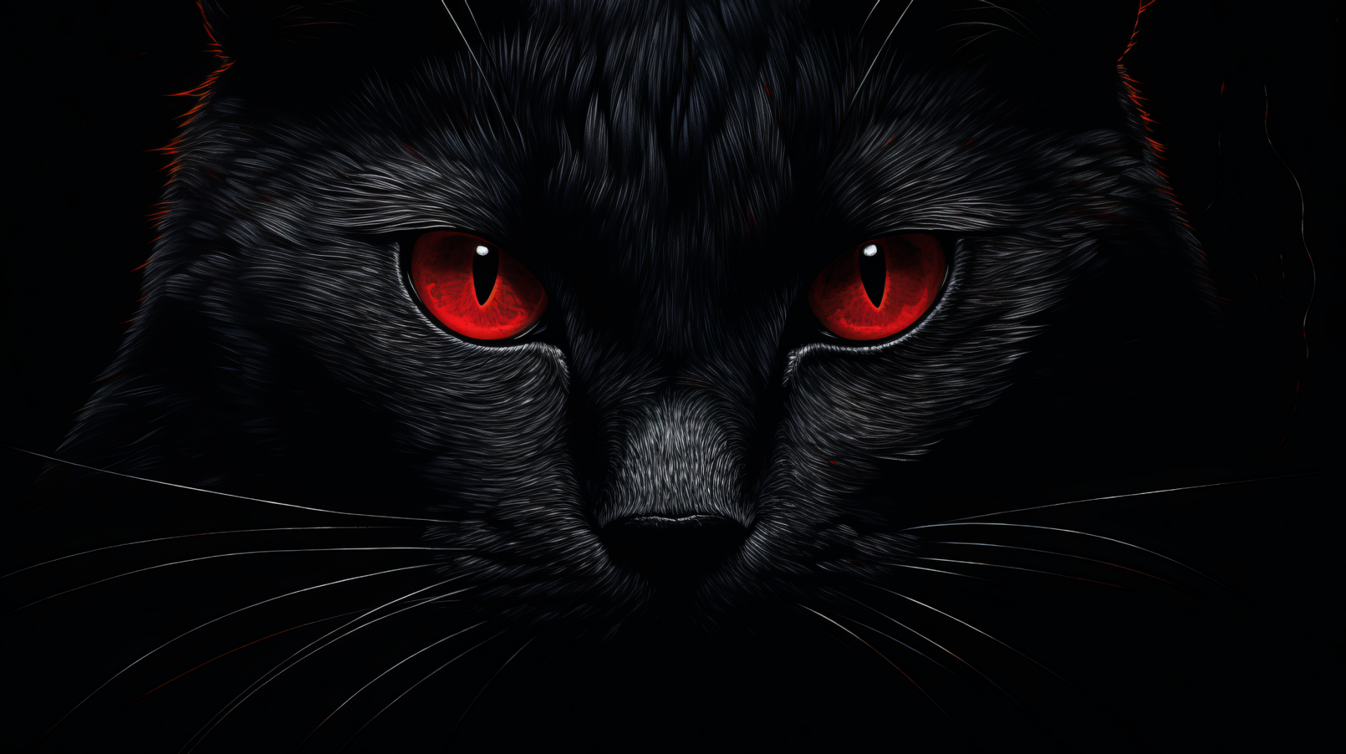 A striking HD wallpaper featuring a black cat with piercing red eyes, set against a dark background, showcasing the enigmatic beauty of this animal.
