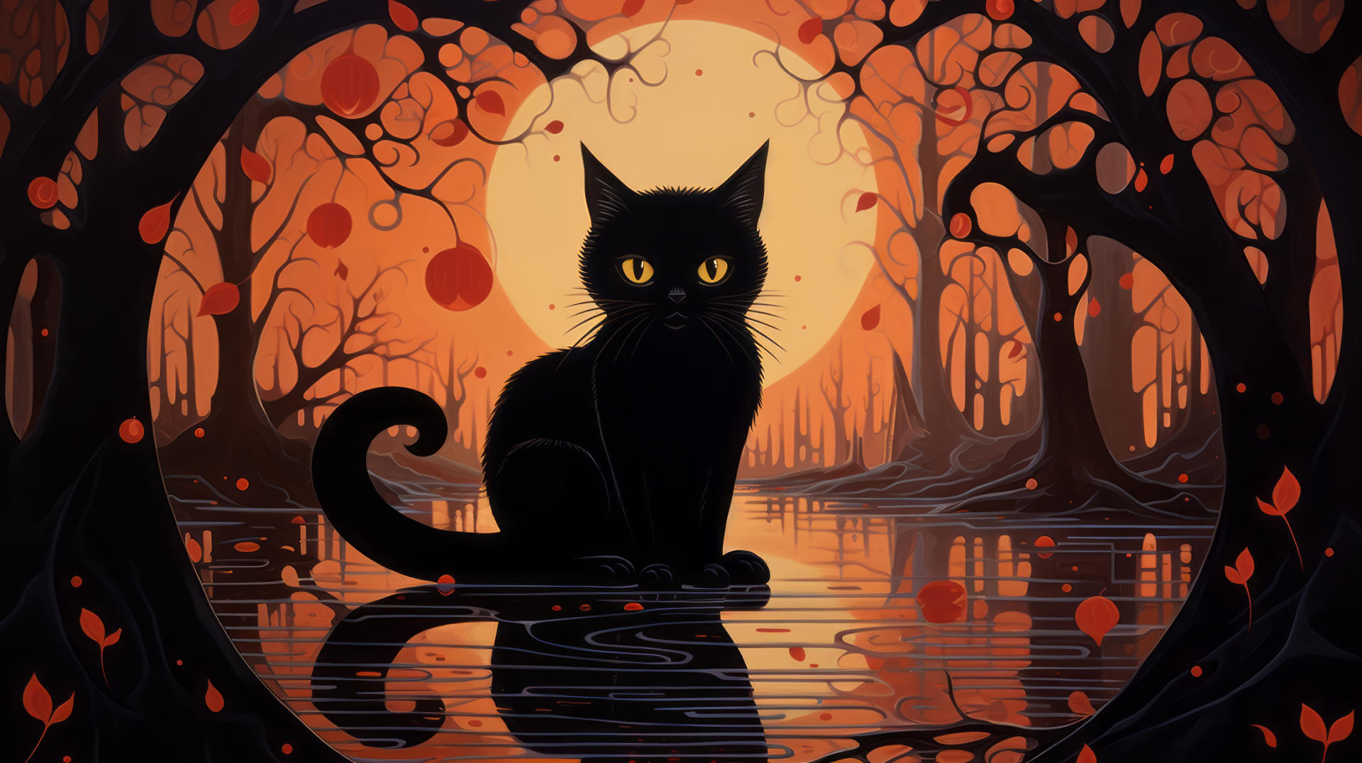 HD desktop wallpaper featuring a mystical black cat sitting elegantly with a backdrop of an enchanting autumn twilight with trees and leaves.