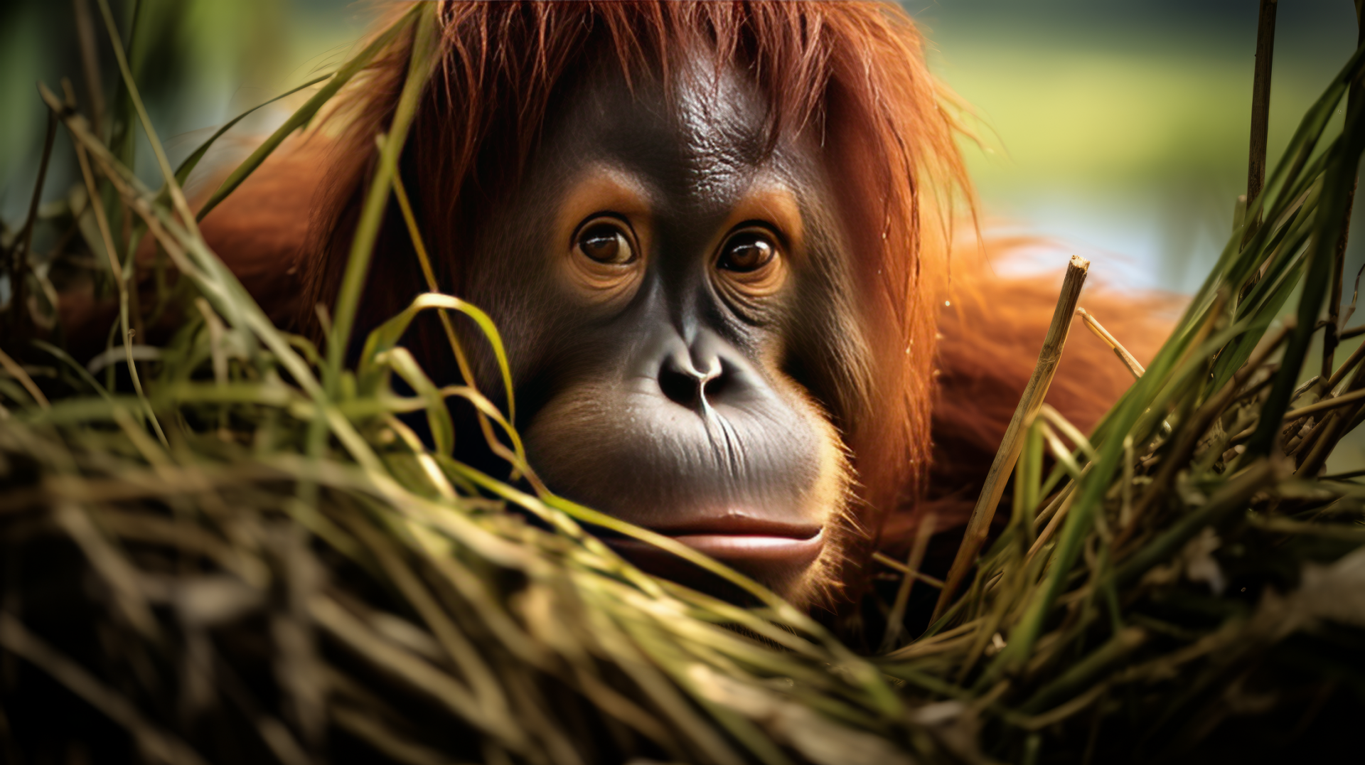A close-up of an orangutan resting among tall grass, showcasing its expressive eyes and vibrant fur, serves as a stunning HD desktop wallpaper and background.
