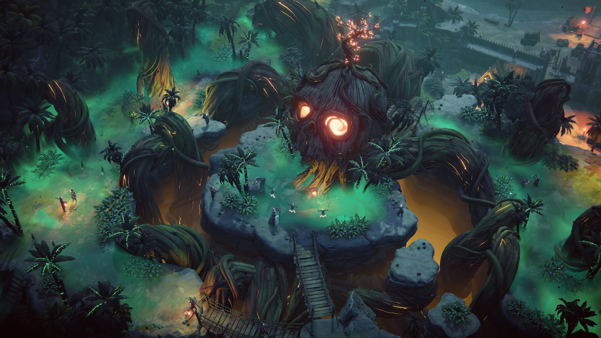 HD desktop wallpaper of Shadow Gambit: The Cursed Crew featuring mystical island with glowing eyes in a lush setting.