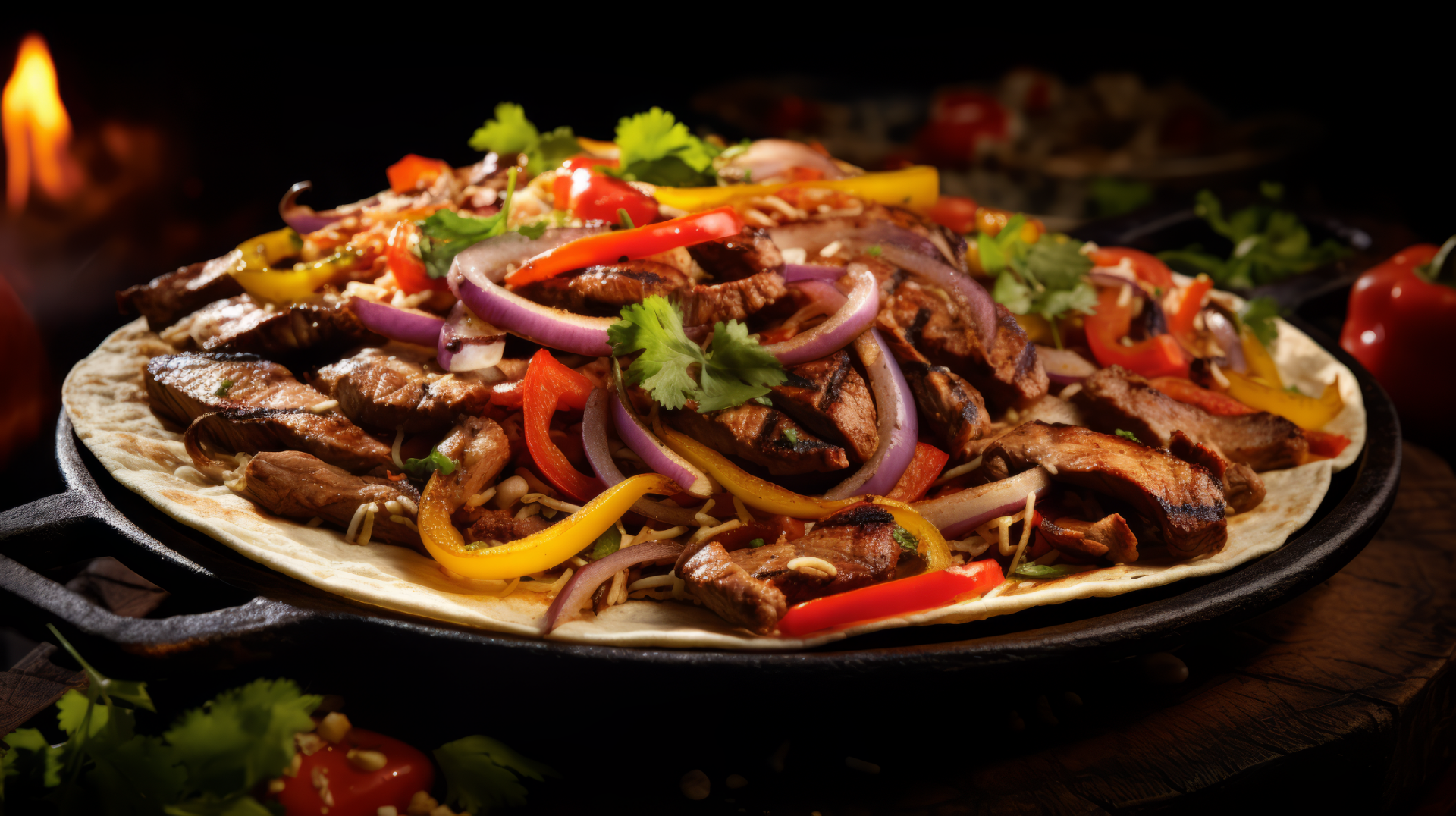 Vibrant HD desktop wallpaper featuring a sizzling fajita platter filled with marinated beef, colorful bell peppers, onions, and fresh cilantro, set against a dark background.