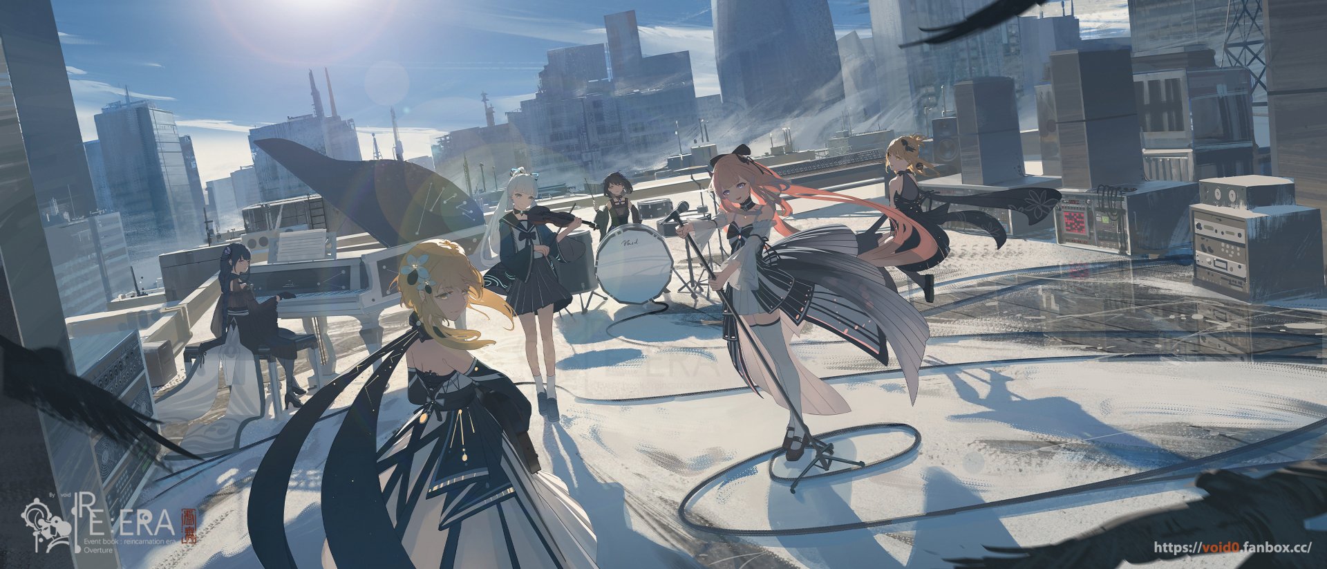 HD PC desktop wallpaper featuring Genshin Impact characters Kamisato Ayaka, Yoimiya, Sangonomiya Kokomi, Lumine, and Baal Raiden Shogun in a stylized cityscape.