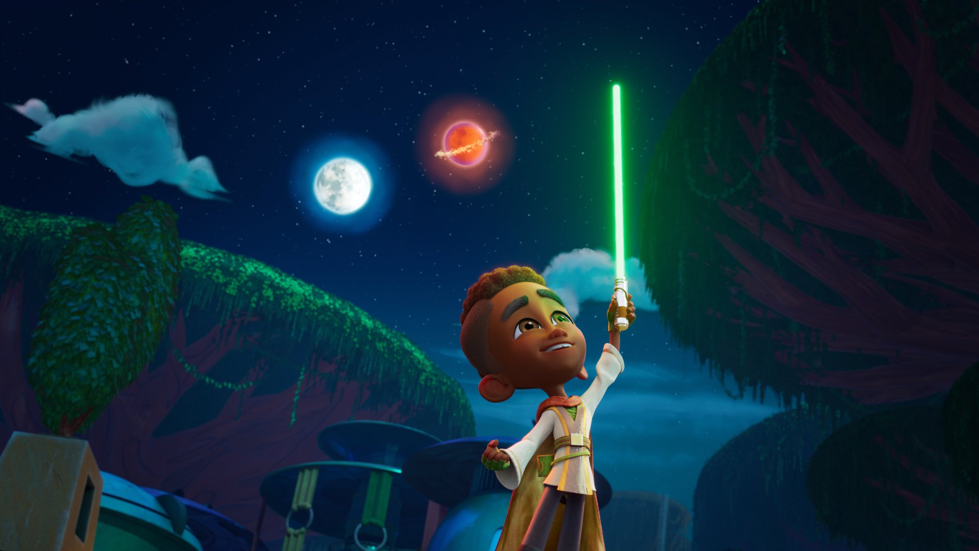 HD desktop wallpaper featuring a scene from Star Wars: Young Jedi Adventures with a young Jedi holding a green lightsaber under a starry sky with planets.