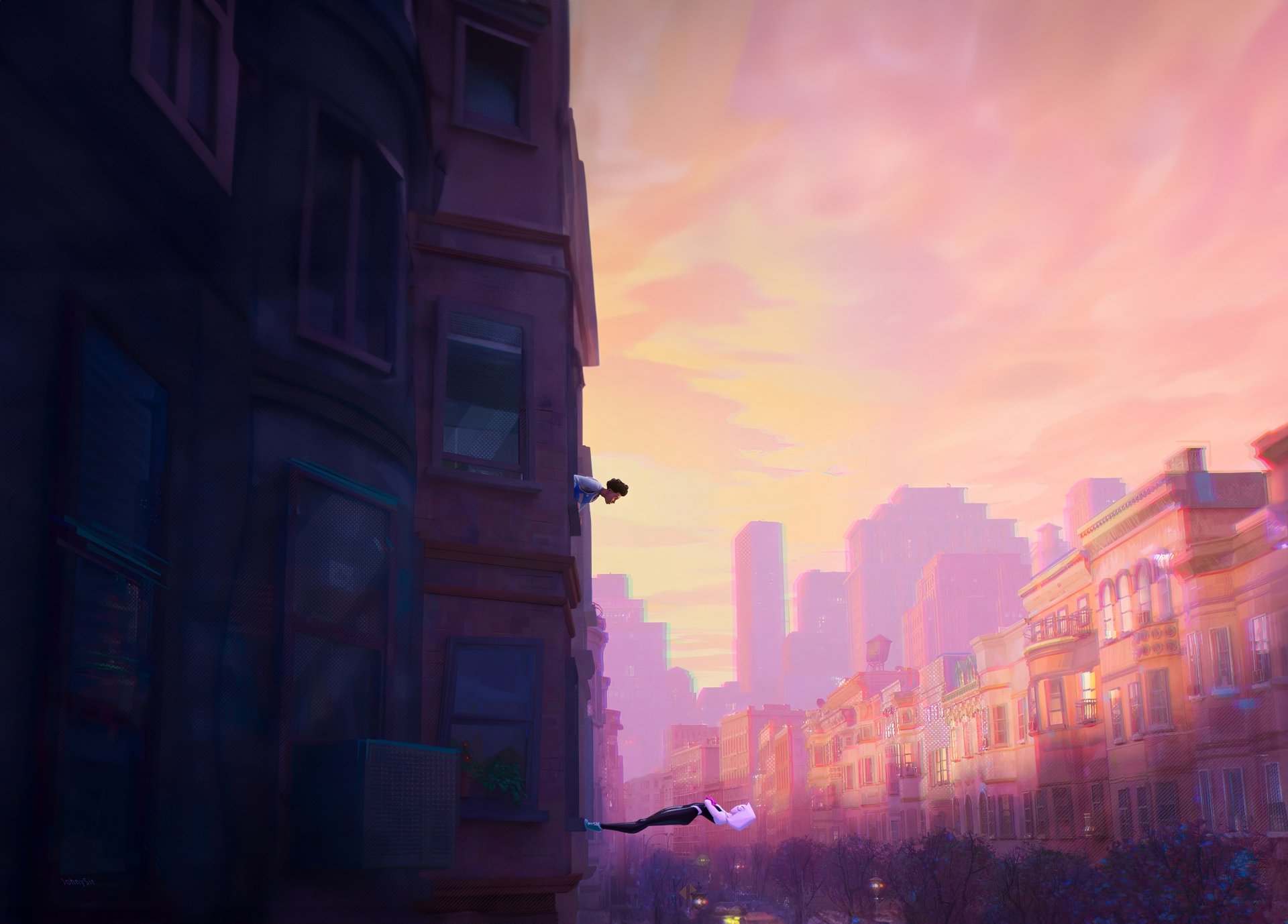 Miles Morales and Gwen Stacy from Spider-Man: Across the Spider-Verse swing through a cityscape at sunset in this vibrant 4K Ultra HD movie wallpaper.