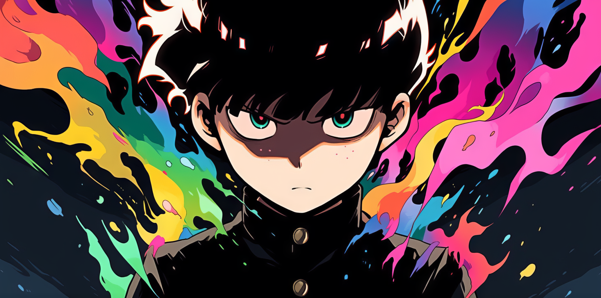 HD desktop wallpaper featuring Shigeo Kageyama from Mob Psycho 100, depicted with a vibrant, multicolored background.