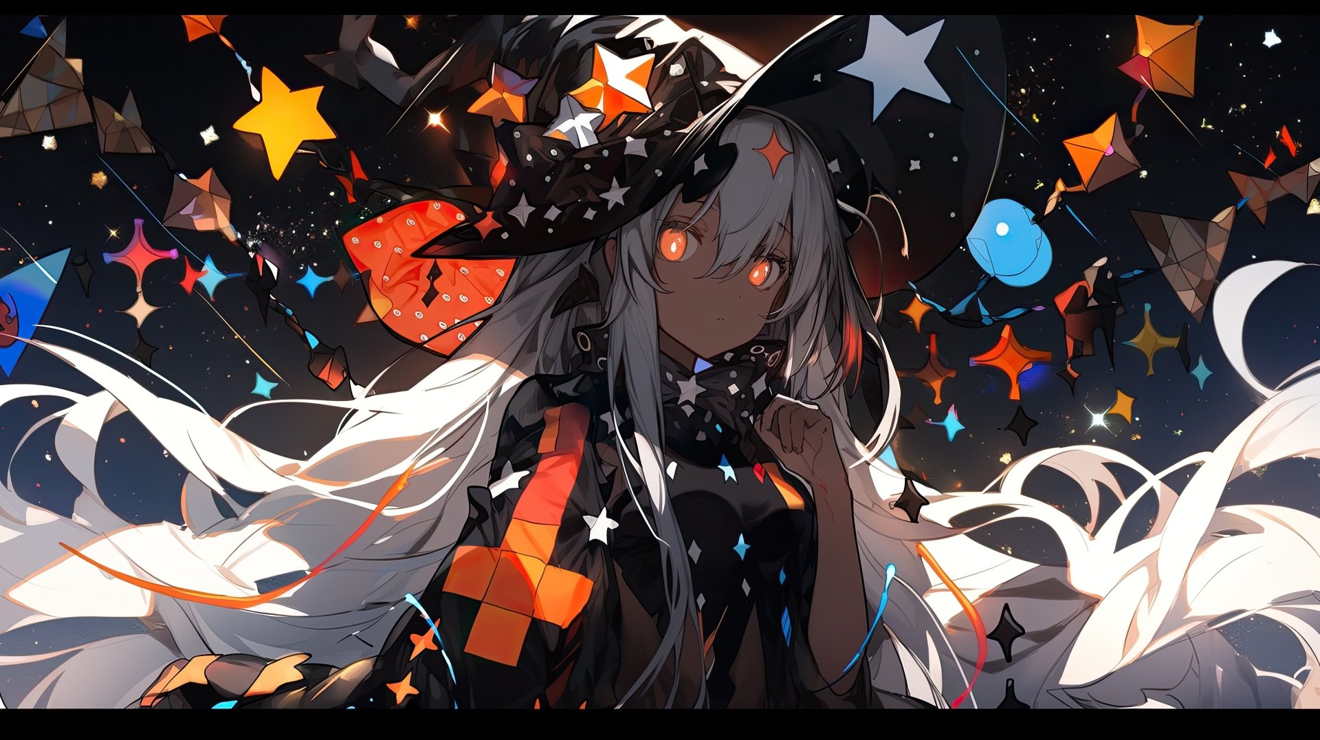 Anime girl with flowing white hair and glowing eyes, surrounded by vibrant stars and geometric shapes, rendered in stunning 8K Ultra HD for PC desktop wallpaper.