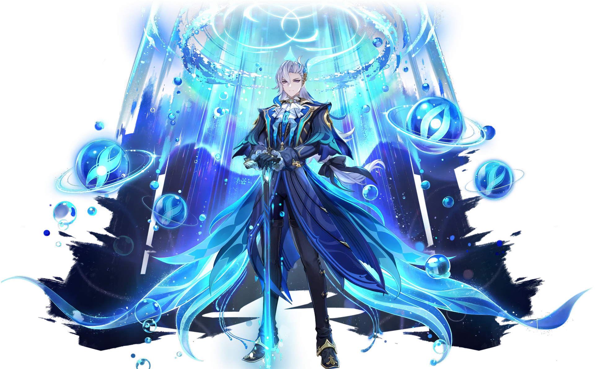 HD desktop wallpaper featuring Neuvillette from Genshin Impact, depicted with glowing blue magical elements and elegant attire.
