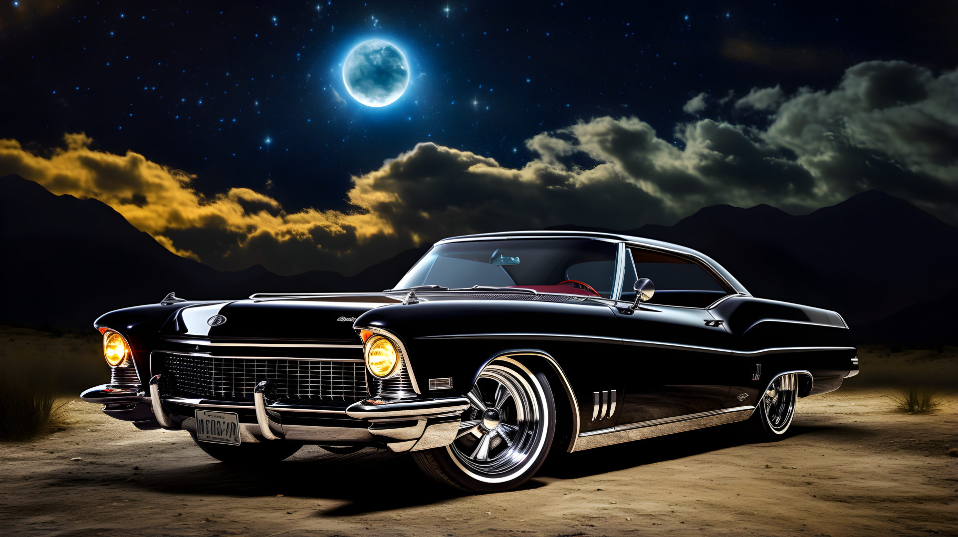 A 4K Ultra HD AI art wallpaper featuring a classic black car under a glowing full moon at night, with dramatic clouds and starry sky as the backdrop.