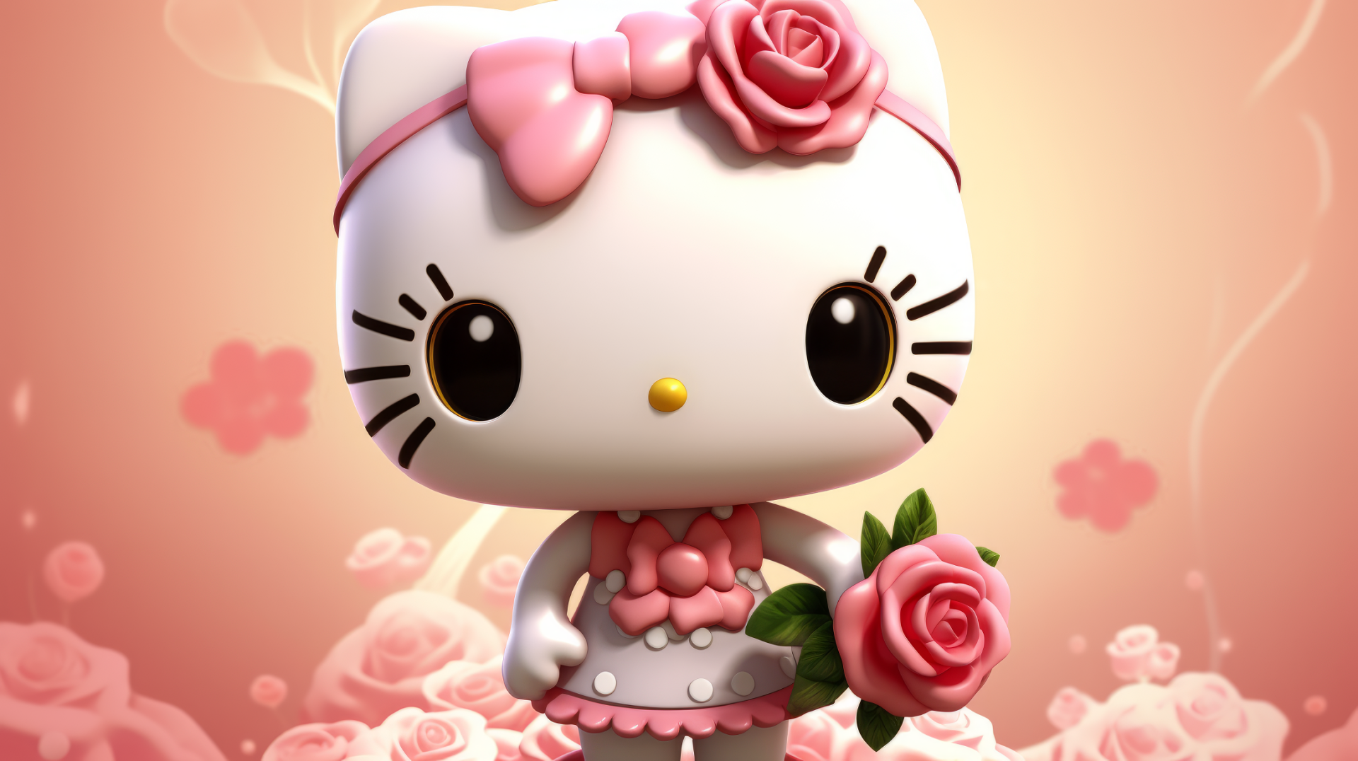 Cute Hello Kitty desktop wallpaper featuring the iconic character with a pink bow and roses on a soft, rose-themed background.