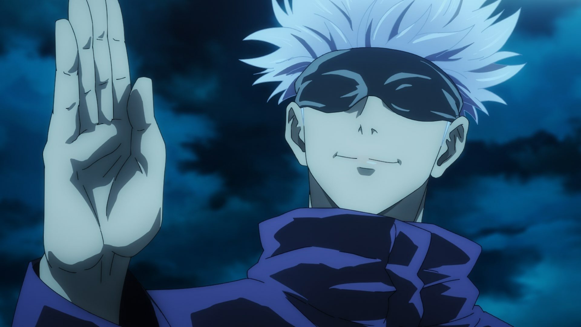 HD PC desktop wallpaper featuring a confident character from the anime Jujutsu Kaisen with white hair, dark sunglasses, and a raised hand against a night sky.