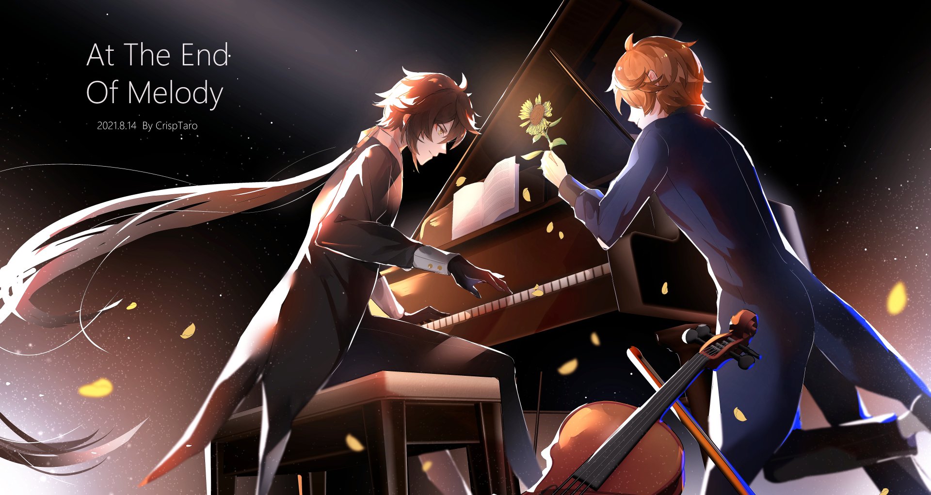 4K Ultra HD Genshin Impact wallpaper featuring Zhongli and Tartaglia (Childe) playing piano together, surrounded by floating yellow leaves and musical atmosphere.