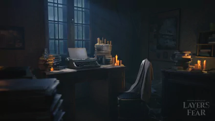 HD desktop wallpaper of Layers of Fear showing a dimly lit atmospheric study room with a typewriter, candles, and ominously empty chair.