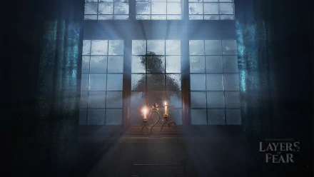 HD desktop wallpaper featuring spooky silhouette in window from Layers of Fear game with atmospheric lighting.