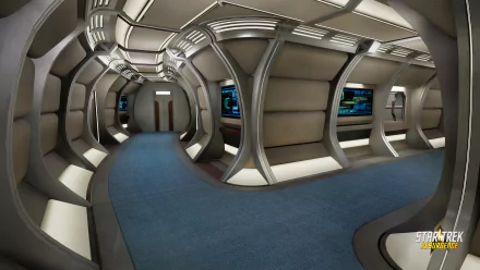 HD desktop wallpaper featuring the interior corridor of a spaceship from Star Trek: Resurgence, with a futuristic design.