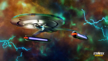 HD desktop wallpaper featuring a Star Trek: Resurgence spaceship soaring through a colorful nebula with electric energy currents