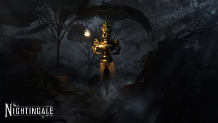 Mystical Nightingale-themed HD desktop wallpaper featuring an armored figure with glowing elements in a dark, enchanted forest setting.