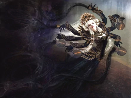 HD dark fantasy wallpaper featuring a mystical figure with multiple arms holding urns, adorned in intricate black and gold attire, against a swirling, shadowy background.