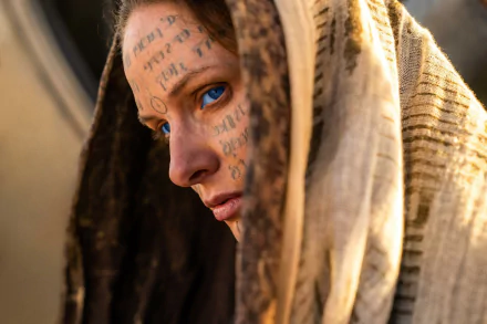 HD desktop wallpaper featuring Rebecca Ferguson in Dune: Part Two with mysterious script on her face.